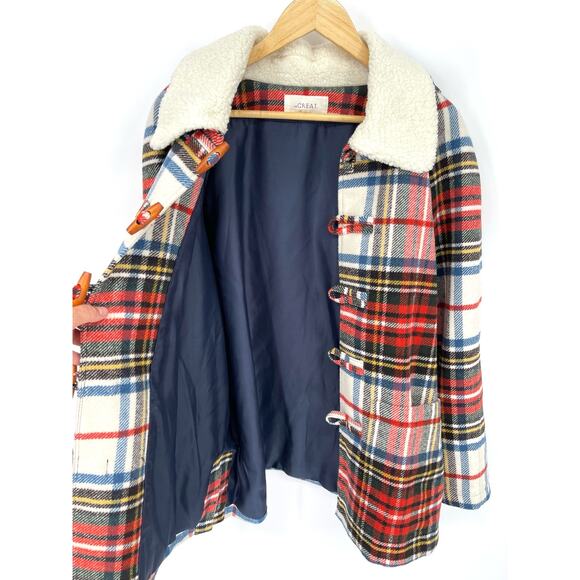 The Great. The Cabinmate Toggle Jacket Faux Shearling Greenwood Plaid size Large - Picture 5 of 13